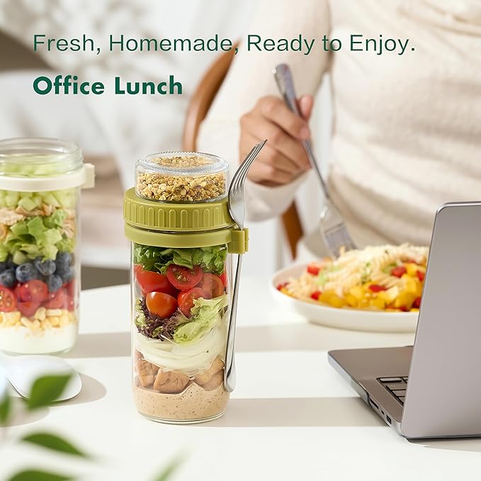 Danmu 24 oz Glass Meal Prep Containers 4-Pack with Lid & Dressing Cup - Leak Proof Salad Jars & Overnight Oats Containers with Lids Stainless Steel Fork Included for On the Go Lunch, Work, Fitness