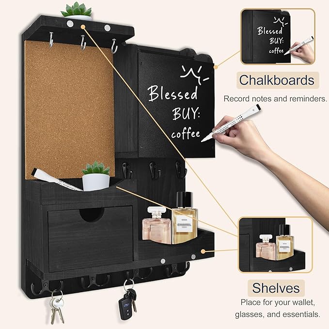 Key Holder Wall Mount， Mail Organizer Key Holder for Wall with Shelf, Drawer, Chalkboard, Corkboard, Home Decor Wall Mounted for Room Entryway (Black)