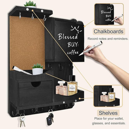 Key Holder Wall Mount， Mail Organizer Key Holder for Wall with Shelf, Drawer, Chalkboard, Corkboard, Home Decor Wall Mounted for Room Entryway (Black)
