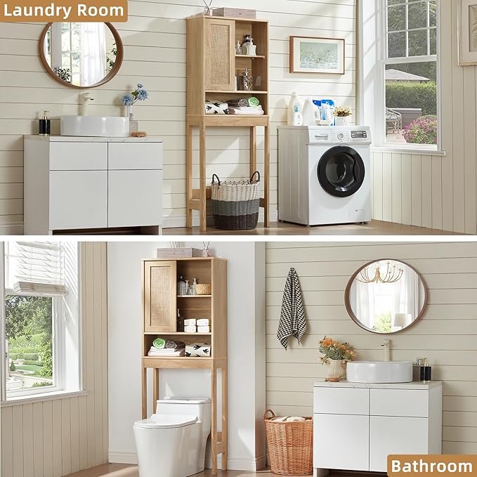 LEYAOYAO Over The Toilet Storage Cabinet with Rattan Sliding Door, 68" Tall Wood Above Toilet Bathroom Organizer w/Adjustable Shelf & Curved Profile, Space Saver Freestanding Washer Shelf, Natural
