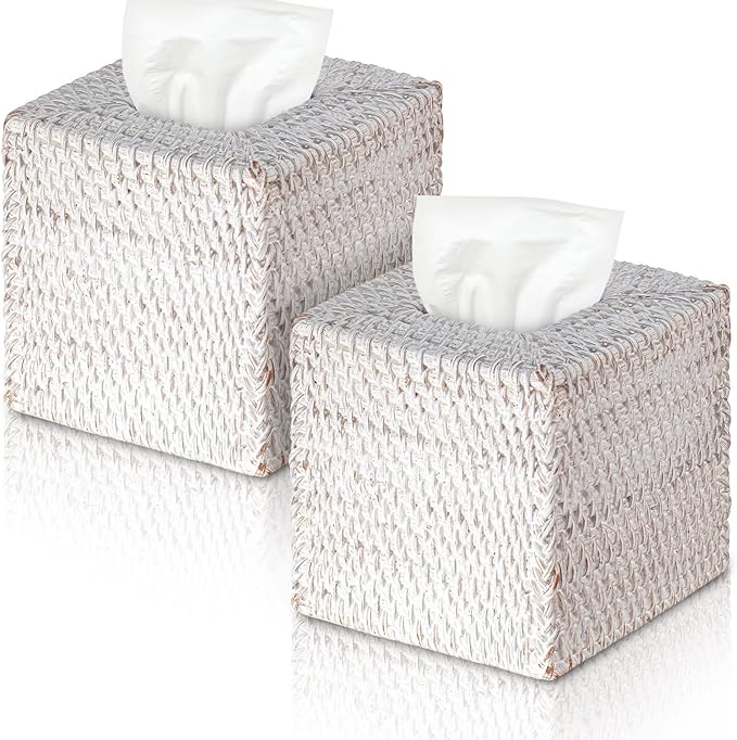 Kigley 2 Pcs Square Rattan Tissue Box Cover Boho Wicker Tissue Cube Box Cover 5.5'' x 5.5'' x 5.5'' Decorative Natural Wicker Hand Woven Napkin Box Holder Bathroom Office Car Accessories (White)