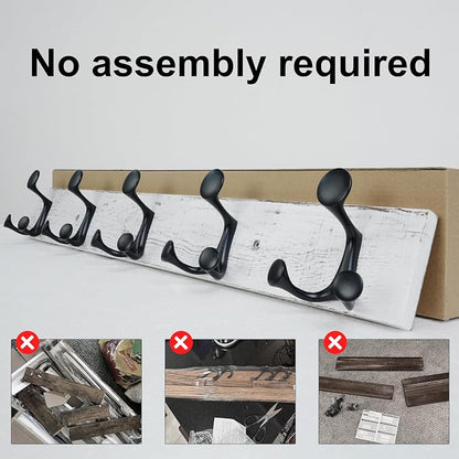 SKOLOO 30-Inch Wood Coat Rack Wall Mount with 5 Triple Hooks - Ideal for Family Entrances, Classrooms, and Pet Supplies Storage - Perfect Coat Hooks for Wall,Distressed White Wash, Pack of 2
