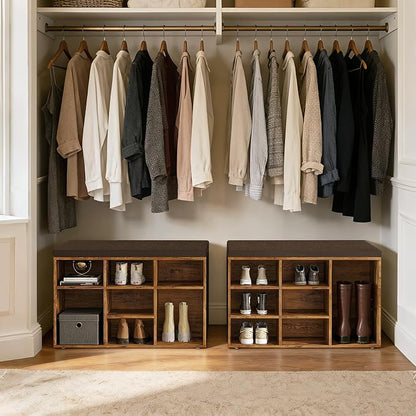 DINZI LVJ Shoe Storage Bench with Cushion, Cubby Rack with 9 Cubbies, Adjustable Shelves, Multifunctional Organizer Bench for Entryway, Mudroom, Hallway, Closet and Garage, Rustic Brown