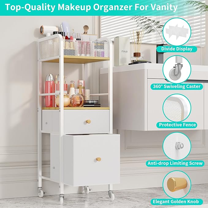 HapiRm Rolling Makeup Cart Organizer - Floor Skincare Make Up Storage with 2 Non-woven Fabric Drawers, Vanity Organizer Cosmetic Display Cases Holder for Skin Care Perfume Nail Polish Brush Hair Tool