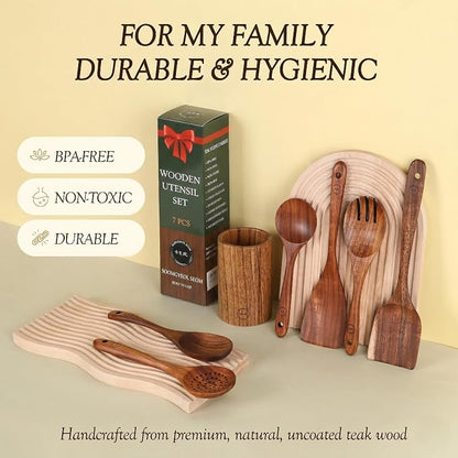 SOOMGYEOL SEOM 7-Piece Teak Wood Cooking Utensil Set with Holder | Wooden Spoons and Spatulas, Nonstick Safe, Heat Resistant, Kitchen Tools
