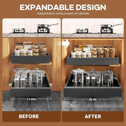 Seinloes 6Pack Expandable Pull Out Cabinet Organizer 21"Deep with Raising Pad for Framed Cabinets,Slide Out Drawers with 4pcs Divider Racks,Roll Out Shelves Adhesive,Adjustable Width 12.05"-20.4"Black
