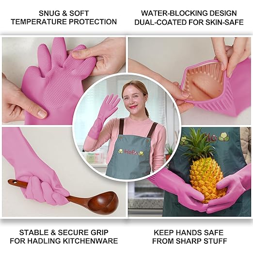 DABOGOSA Mamison 2 Pairs Reusable Waterproof Household Dishwashing Cleaning Rubber Gloves, Non-Slip Kitchen Glove (Pink, XL (Pack of 2))