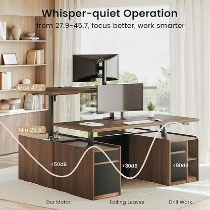 Executive Standing Desk with Drawers & Storage, 71'' Adjustable Electric Stand Up Wood Desk with Privacy Panel, AC/USB, File Cabinet, Large One-Piece Destop for Home Office, Black Walnut