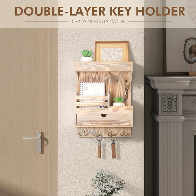 Rebee Vision Farmhouse Key Holder Wall Mount with Drawer Organizer – Wooden Mail & Key Organizer with 6 Strong Hooks & Wall Shelf – A Perfect Addition to Your Farmhouse Home Decor (Natural Wood)