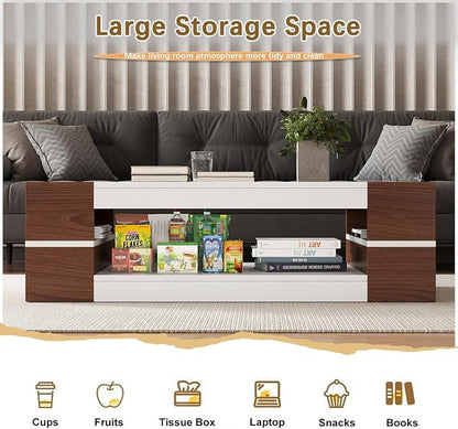 HedoAjim 47.2" Modern Stylish Coffee Table with Glass Table Top, Large Living Room Table Rectangular 2-Tier Center Tables with Storage, Wood Cocktail Tea Tables for Dining Reception Room White Walnut