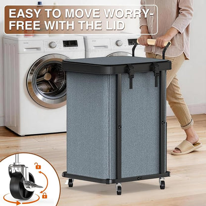 40 Gal (150L) Laundry Hamper with Lid, Leather Patchwork Laundry Basket with Rolling Lockable Wheels and Handle, Laundry Basket Organizer for Laundry Room, Bedroom and Bathroom,Laundry Room - Gray