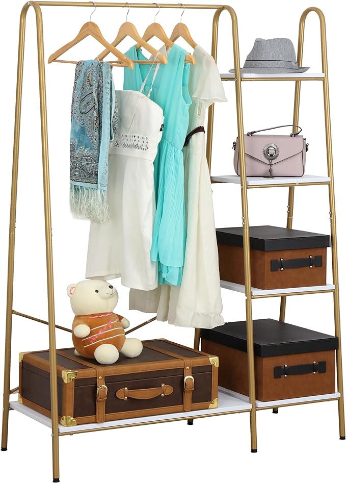Finnhomy Clothes Rack, Clothing Rack for Hanging Clothes Heavy Duty Garment Rack with 5 Wood Shelves Freestanding Portable Closet Organizer for Bedroom/Entryway/Boutiques，Gold