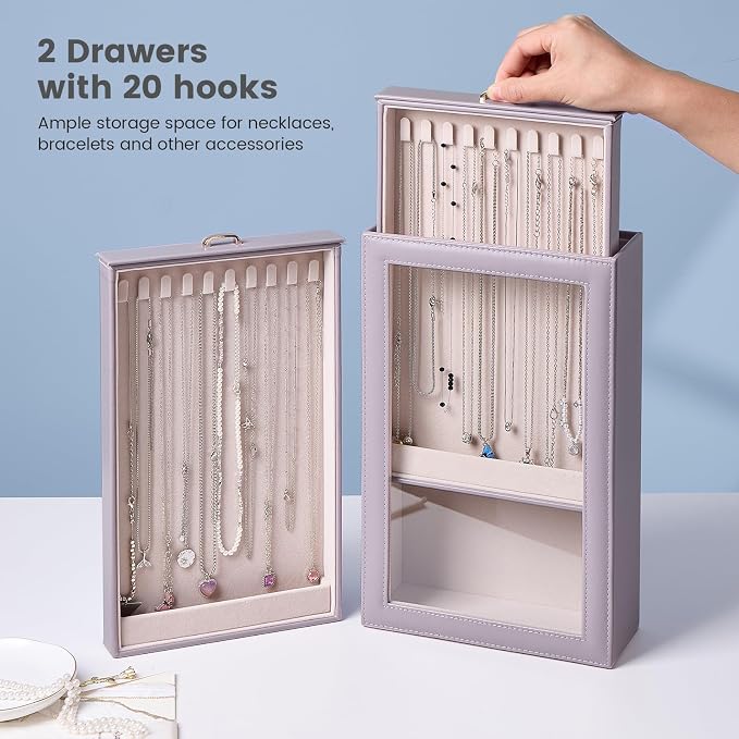Lolalet Necklace Organizer Box, Jewelry Storage Box with Clear Window for Necklaces Bracelets, Tangle-Free Necklace Display Case for Women Girls, Dusty Purple, 2 Layers 20 Hooks