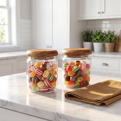 4-Pack 13 fl oz Wide Mouth Mason Jars with Spoon & Labels, Acacia Wood Lids, Press Seal, No Plastic, for Food, Snacks, Candy, Fruits, Coffee Beans, Spices & Dry Storage, Pantry Organizer.