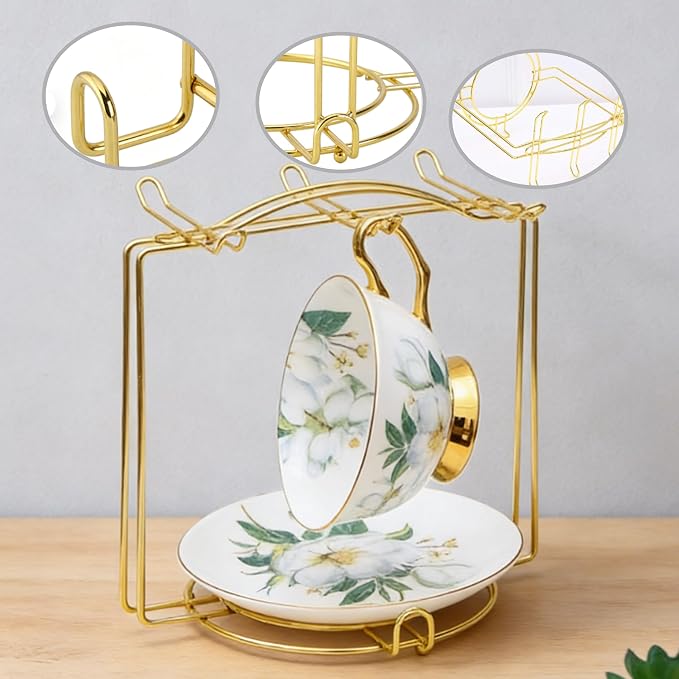 6-Hook Metal Teacup Holder Stand, Gold versatile tea cup stand and organizer for your kitchen counter. This elegant mug tree provides stylish storage and drying for cups, perfect for daily use（2 pack）