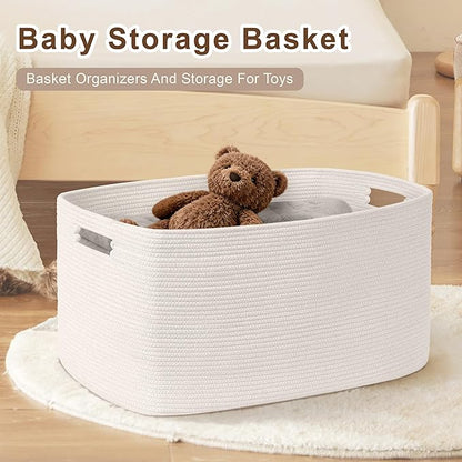 SunNewt 45L Small Baby Girls Laundry Basket for Nursery Storage,Cute Woven cotton Rope Baskets for Kids Toy，Gifts,Boho Square Wicker Blanket hamper for Living Room,Bedroom Dirty Clothes, White