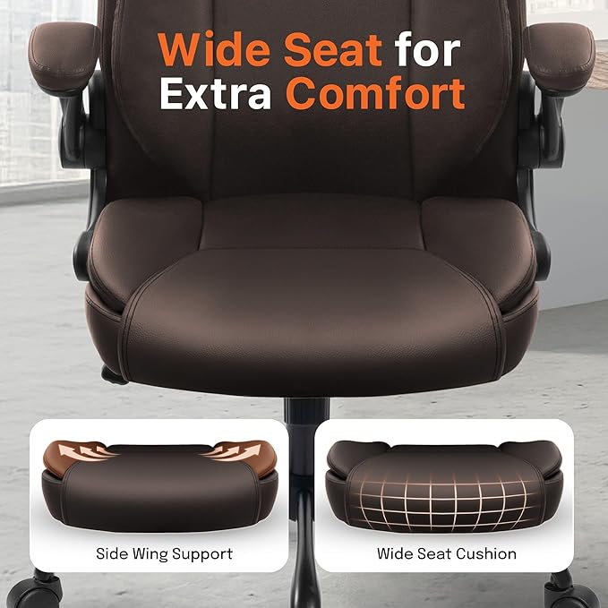 NEO CHAIR Ergonomic Office Desk Gaming Computer Chair Executive High Back Support Flip-up Arms Adjustable Height Swivel Rolling Wheels Comfy PU Leather for Home (Brown)