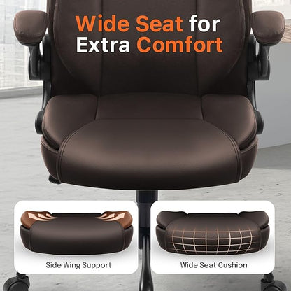 NEO CHAIR Ergonomic Office Desk Gaming Computer Chair Executive High Back Support Flip-up Arms Adjustable Height Swivel Rolling Wheels Comfy PU Leather for Home (Brown)