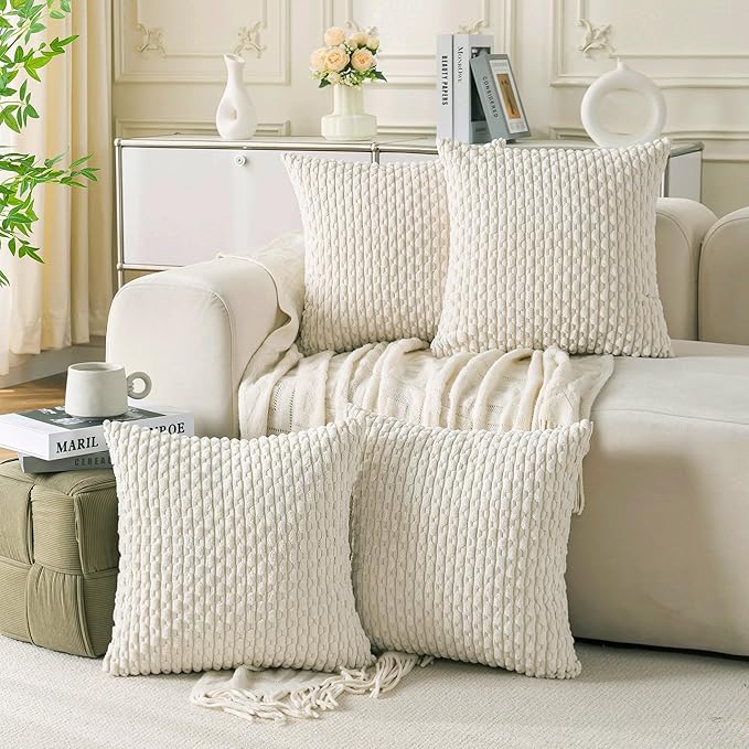 Set of 4 Cream White Decorative Throw Pillow Covers 18x18 Inch Corduroy Pillow Covers for Bed Couch Sofa Living Room Soft Square Cushion Cases