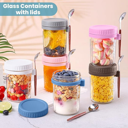 Overnight Oats Jars 16 oz with Lids & Spoons – 6 Pack Glass Mason Jars Airtight Meal Prep Containers for Yogurt, Cereal, Fruit – Leakproof, Stackable, Dishwasher Safe