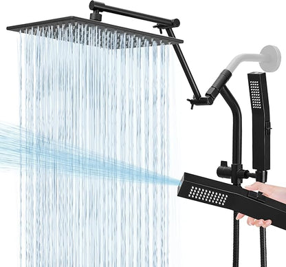 All Metal 10 Inch Rain Shower Head with Handheld Built-in Power Wash Mode, High Pressure Waterfall Rainfall Square Shower Heads with 16" Adjustable Extension Arm, Dual Showerhead, Matte Black