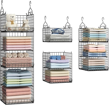 Yuyetuyo 5 Tier Closet Hanging Organizer and Storage Separable Hanging Closet Shelves with 4 Hooks 2 Adjustable Dividers, Wire Storage Basket Bins for Clothing Sweaters Socks Dolls Handbags, Foldable