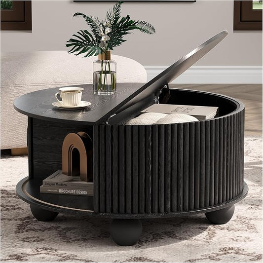 Round Coffee Table with Storage, 31.5" Mid Century Modern Coffee Table with Sliding Door & Bun Feet, Minimalist Fluted Center Table for Living Room, Home Small Space, Black