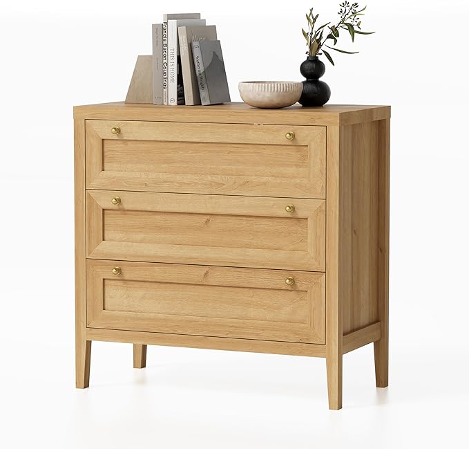 Dresser for Bedroom with 3 Drawers, Modern Closet Storage Organizer with Golden Handles, Wood Nightstand End Table for Living Room, Bedroom, Entryway, Hallway, Natural Oak