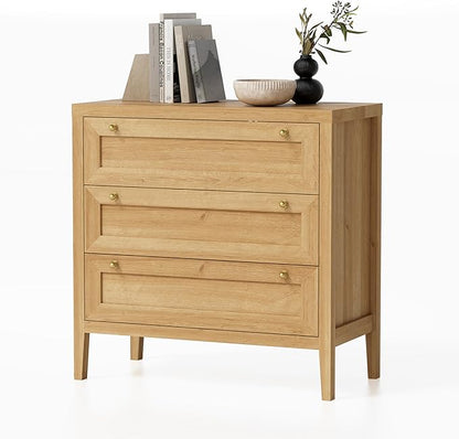Dresser for Bedroom with 3 Drawers, Modern Closet Storage Organizer with Golden Handles, Wood Nightstand End Table for Living Room, Bedroom, Entryway, Hallway, Natural Oak