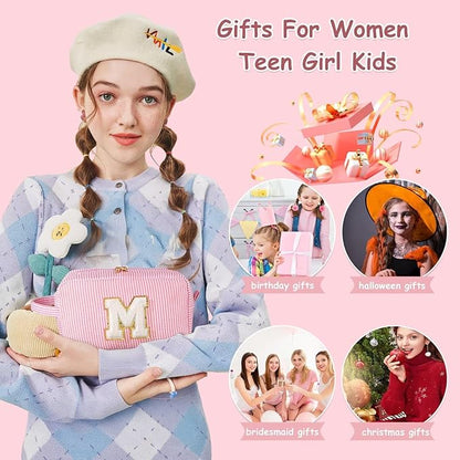 YOOLIFE Birthday Gifts for 6 7 8 9 10 11 12 13 14 15 Year Old Teen Girl - Initial Makeup Bag Letter Toiletry Pouch Cosmetic Case, Personalized Teen Girl Gifts Trendy Stuff Party Favor, Pink D