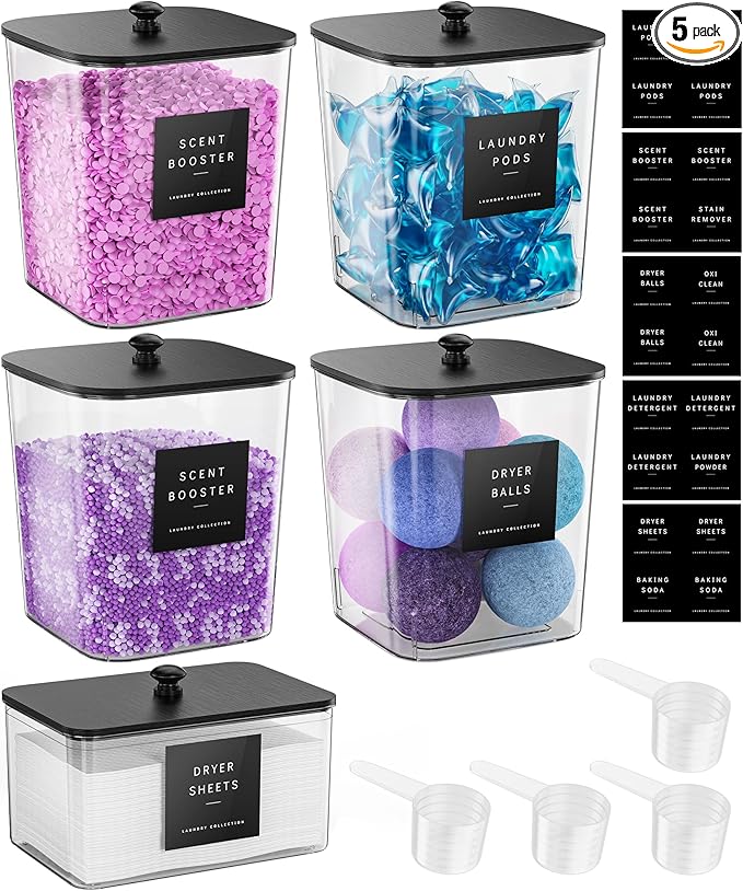 Moforoco 5 Pack Laundry Pods Container, Clear Laundry Room Organization Containers,Large Detergent Powder Storage, Black Wooden Lids & Labels, Acrylic Pods Holder