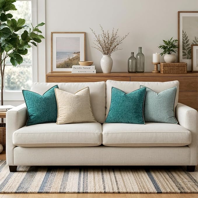 MIULEE Pack of 2 Couch Throw Pillow Covers 16x16 Inch Teal Farmhouse Decorative Pillow Covers with Stitched Edge Soft Chenille Solid Dyed Summer Pillow Covers for Sofa Bed Living Room