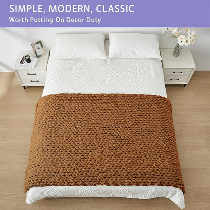 Bigacogo Chunky Knit Throw Blanket for Couch, 40x80 inches, 100% Hand Knitted with Thick Jumbo Chenille Yarn, Cozy Soft Large Rope Knot Cable Crochet Blankets for Sofa Bed Living Room, Caramel