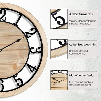 LEIKE 20 Inch Large Wall Clock - Rustic Wooden Silent Non-Ticking Wall Clock with Black Metal Frame, Vintage Farmhouse Decorative for Living Room, Bedroom, Kitchen - Arabic Numerals, Modern Design