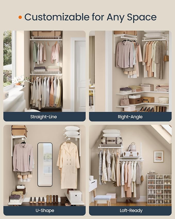 SONGMICS HOME Closet System, Closet Insert Organizer, 2-4 ft, Adjustable Metal Shelving Unit with 2 Hanging Rods, 2 Shelves, and Hooks, for Pantry Mudroom Garage Basement, Cloud White URGR030W01