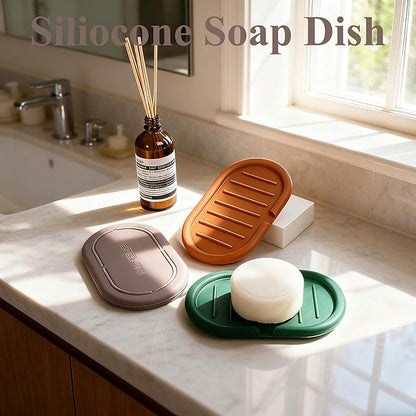 Self-Draining Oval-Shaped Silicone Soap Dish, Soap Holder/Tray/Saver for Shower, Bathroom, Kitchen, Keep Soap Dry, Easy to Clean (3, Dark Color)