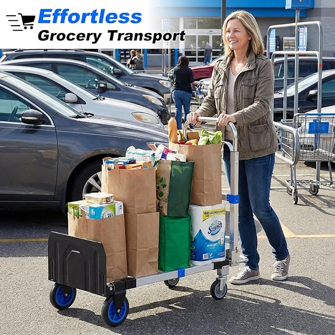 Folding Hand Truck Dolly, 500 lbs Heavy-Duty Convertible Cart, Aluminum Alloy Collapsible Design with Silent Rubber Wheels, Adjustable Handle, Flat Fold for Moving, Home, Office (Blue)