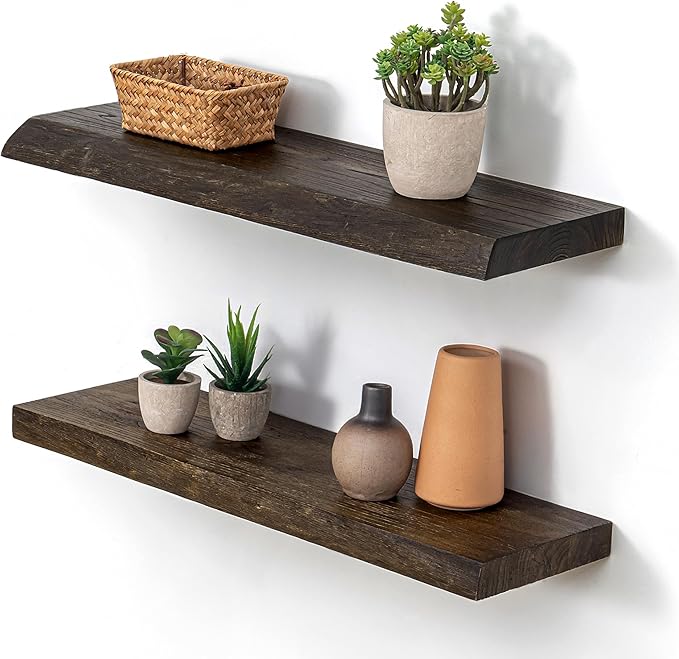 Dreamland 24 Inch Floating Shelves, Rustic Elm Wood Live Edge Wall Shelf for Home Decor, 8 Inch Deep Floating Shelf for Wall, 24 x 8 Bathroom Shelves Set of 2, Walnut Color