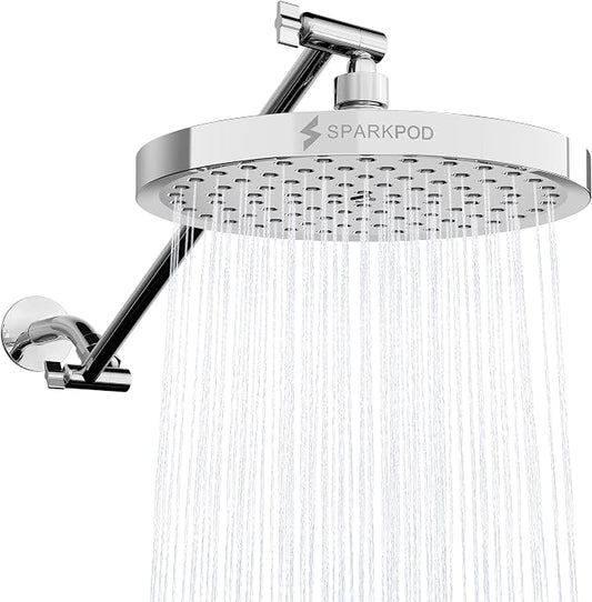 SparkPod 8" Round Rain Shower Head with 16" Shower Arm | Shower Head & Extension Arm Combo, Height Adjustable, High Pressure Performance, Easy 1-Minute Installation, Polished Chrome