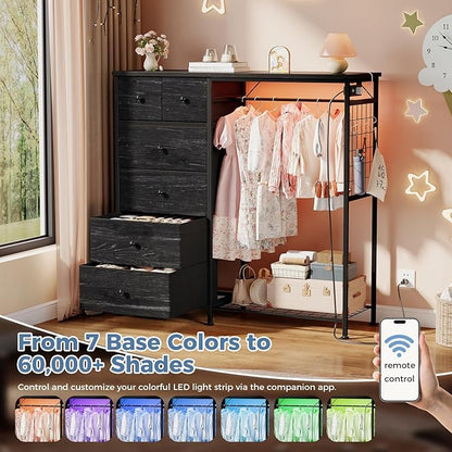 OLIXIS 6 Storage for Bedroom with Hanging Rack with LED Lights & Charging Station, Fabric Chest of Storage with Rack, Wooden Top, for Home Living Room Entryway Black Wood Grain