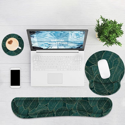 Ergonomic Mouse Pad with Wrist Rest and Keyboard Wrist Rest, Mousepad and Wrist Rest for Computer Keyboard, Pain Relief, Non-Slip Base, Mouse Pad Wrist Support for Gaming, Office, Green Palm Leaf