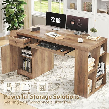 HSH 55 Inch Executive Office Desk with Drawers, Farmhouse Computer Desk with Keyboard Tray and Storage, Rustic Wood Work Study Writing Pc Table Studio Desks Home Workstation with Shelves and Cabinet