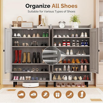 Farmhouse Shoe Cabinet with Doors, 6-Tier Wooden Shoe Organizer with Adjustable Shelves, Entryway Storage Cabinet with Metal Legs, Rustic Shoe Storage for Entryway or Living Room (Grey)