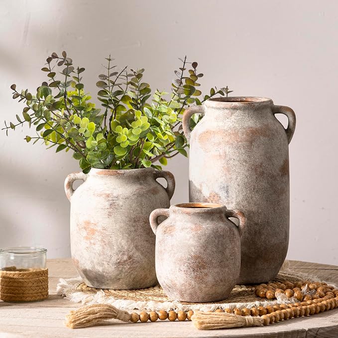 Ceramic Flower Vase Home Decor - Farmhouse Rustic Table Vases with Handle Living Room Decoration Decorative Vintage Pottery for Kitchen Shelf Coffee Dining Bookshelf Fireplace Centerpiece (7.6" Retro)