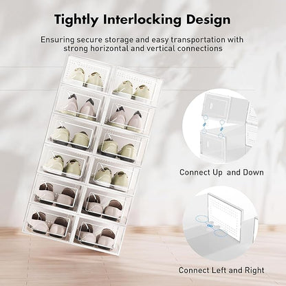 Foluck Shoe Storage Box, 15 Pack Clear Plastic Stackable Organizer for Closet, Interlocking Design Shoes Container Bins for Sneakers, Foldable Shoe Rack with Lids, White