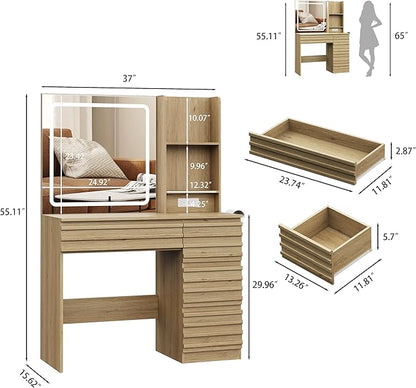 Makeup Vanity Desk with Lights, Fluted Vanity with 4 Drawers, Open Shelves, Power Outlet, LED Lighted Mirror, 3 Lighting Modes & Brightness Adjustable, Wood Dressing Table for Bedroom, Natural Oak