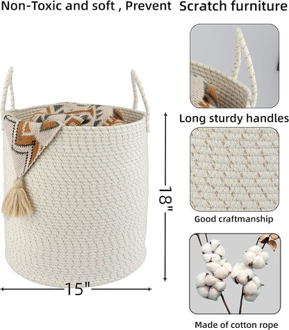 XUANGUO Cotton Rope Laundry Basket Hamper for Clothes Woven Storage Basket for Living Room Bedroom Boho Tall Rope Baskets for Blanket Toys Pillow Towels Baby Nursery Hamper Bin striped