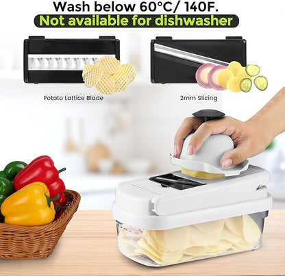 Vegetable Chopper,12-in-1 Multifunctional Food Chopper,Professional Onion Chopper with 7 Blades,Vegetable Cutter with Container for Salad,Potato,Carrot,and Garlic; Essential Kitchen Tool (White)