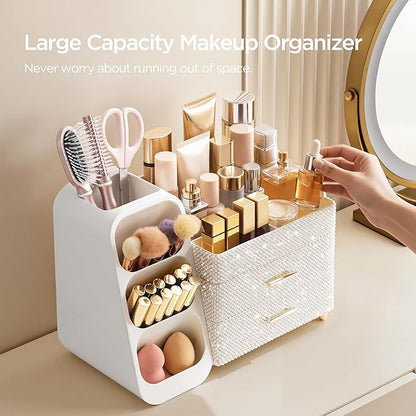 HBlife Makeup Organizer with Brush Holder for Vanity, Large Plastic Bathroom Countertop Organizer Skin Care Storage, Easy to Store Nail Polishes, Perfumes, Eyeshadow Palettes, Pearl All White