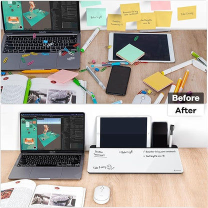 Varhomax Glass Desk Whiteboard with Storage, Desktop Organizer to-do List Memo Notepad Dry Erase White Board for Home Office and School Supplies (Black&White)